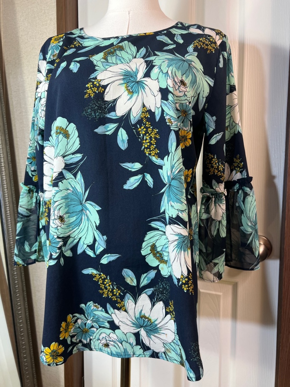 Van Heusen Navy Floral Bell-Sleeve Dress with Teal & White Blooms